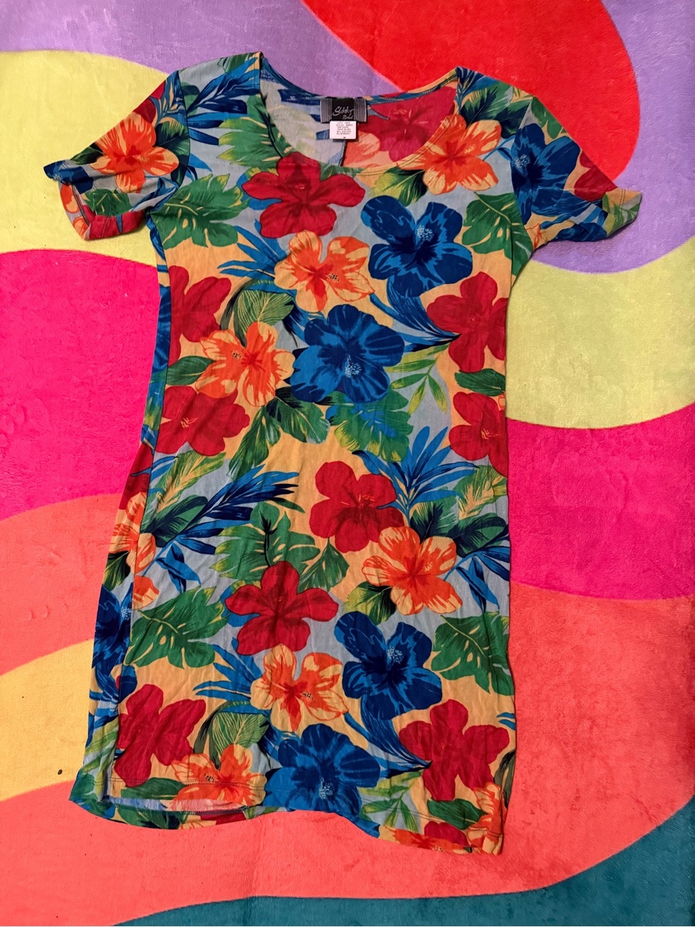 Tropical Floral Knit Dress - Blue, Red, Orange, Green